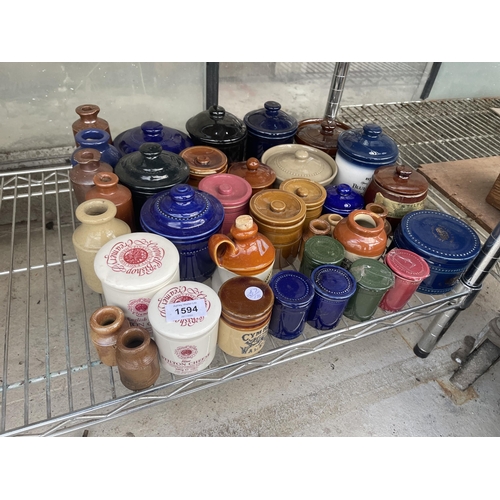 1594 - A LARGE ASSORTMENT OF CERAMIC AND STONEWARE LIDDED POTS AND VESSELS