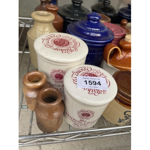 1594 - A LARGE ASSORTMENT OF CERAMIC AND STONEWARE LIDDED POTS AND VESSELS