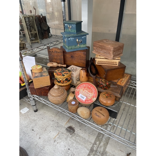 1595 - A LARGE ASSORTMENT OF TREEN ITEMS TO INCLUDE BOXES, A CHAIR AND TRINKET BOXES ETC