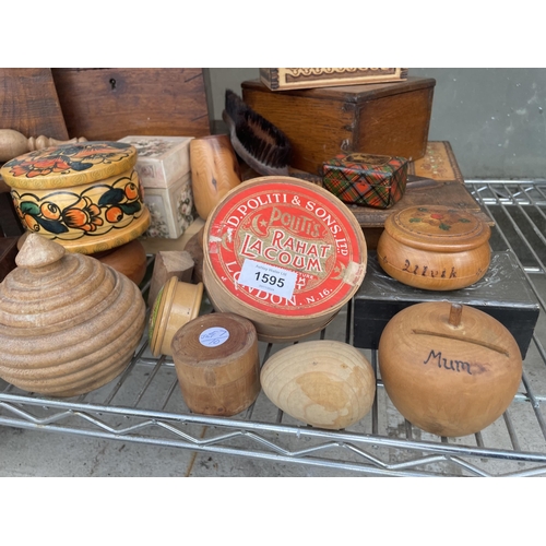 1595 - A LARGE ASSORTMENT OF TREEN ITEMS TO INCLUDE BOXES, A CHAIR AND TRINKET BOXES ETC