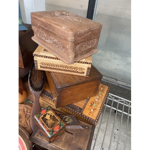 1595 - A LARGE ASSORTMENT OF TREEN ITEMS TO INCLUDE BOXES, A CHAIR AND TRINKET BOXES ETC