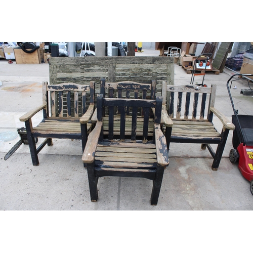 1837 - FOUR WOODEN SLATTED VINTAGE INNS ARM CHAIRS AND A WOODEN SLATTED FOLDING GARDEN TABLE