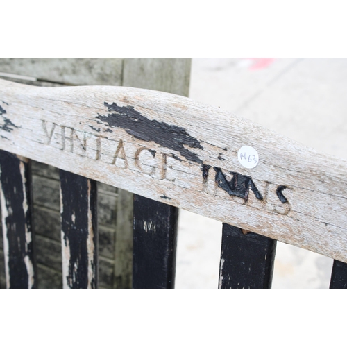 1837 - FOUR WOODEN SLATTED VINTAGE INNS ARM CHAIRS AND A WOODEN SLATTED FOLDING GARDEN TABLE