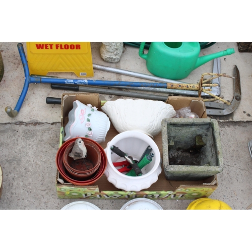 1848 - A COLLECTION OF ITEMS TO INCLUDE HARD HATS, PLANT POTS AND A HOSE PIPE ETC