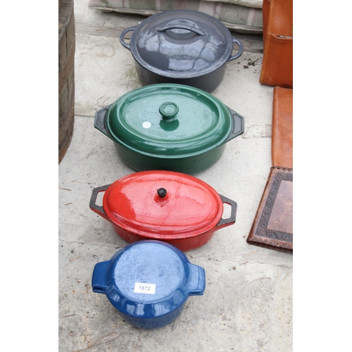 1872 - FOUR VARIOUS CAST IRON LIDDED COOKING POTS