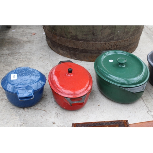 1872 - FOUR VARIOUS CAST IRON LIDDED COOKING POTS