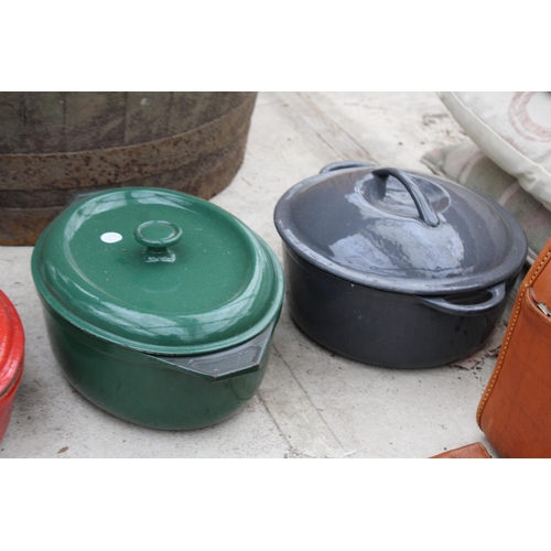 1872 - FOUR VARIOUS CAST IRON LIDDED COOKING POTS