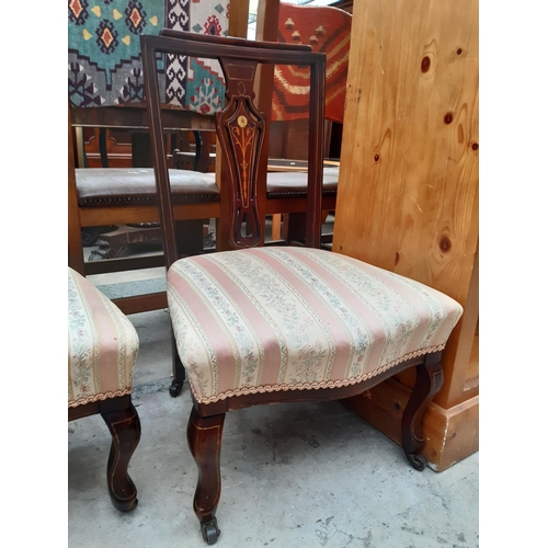 2546 - A PAIR OF LOW EDWARDIAN MAHOGANY AND INLAID LOW CHAIRS