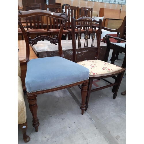 2557 - AN EDWARDIAN INLAID BEDROOM CHAIR, A VICTORIAN MAHOGANY PARLOUR CHAIR AND A CABRIOLE LEG LOW CHAIR