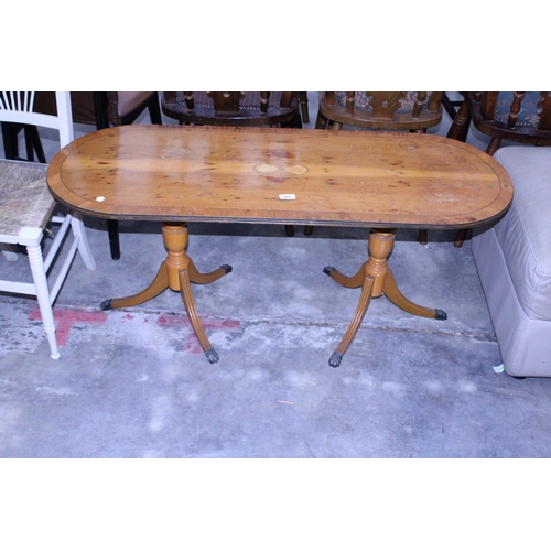 2975 - A TWIN PEDESTAL YEW WOOD COFFEE TABLE