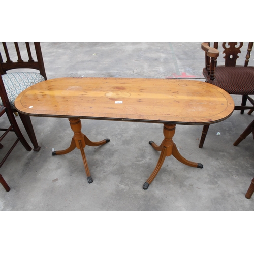 2975 - A TWIN PEDESTAL YEW WOOD COFFEE TABLE