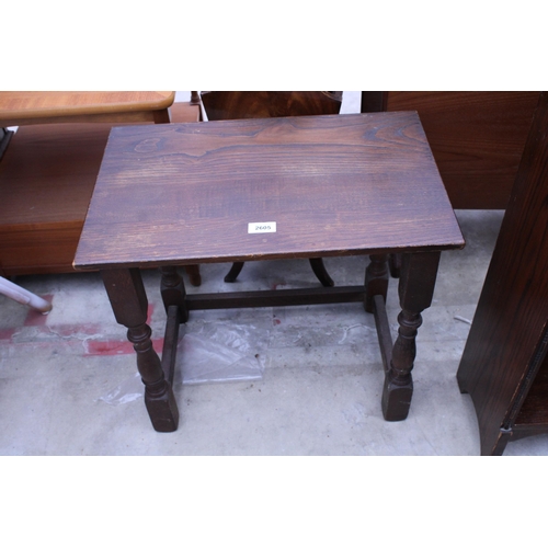 2984 - A FOLDING CHILDS CHAIR, OAK OCCASIONAL TABLE AND A SMALL OAK TABLE WITH CARVED FOLIATE TOP ON TURNED... 