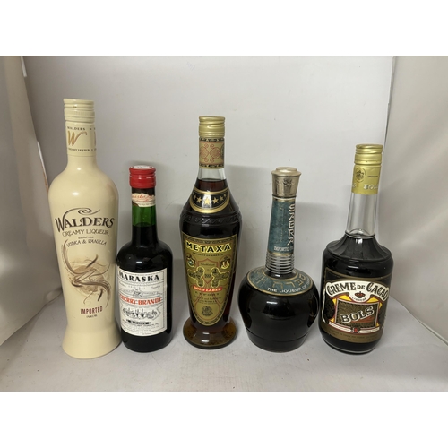 425 - FIVE VARIOUS BOTTLES TO INCLUDE A WALDERS CREAMY LIQUER, A CHERRY BRANDY, METAXA, SABRA AND BOLS CRE... 