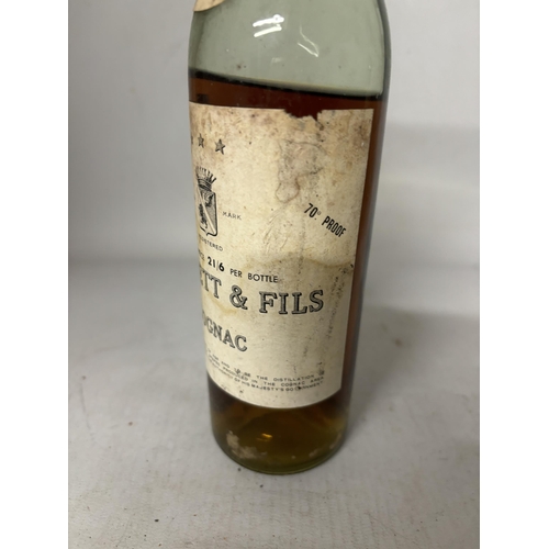 446 - A SMALL BOTTLE OF BARNETT AND FILS COGNAC MAXIMUM PRICE 21/6 PER BOTTLE (LEVEL BELOW SHOULDER)