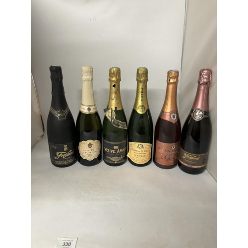 330 - SIX BOTTLES OF SPARKLING WINE/PROSECCO TO INCLUDE FREIXENET CORDON NEGRO, CONTE PRIULI, VOUVRAY, POL... 