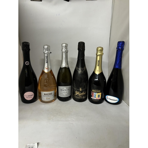 331 - SIX BOTTLES OF SPARKLING WINE/PROSECCO TO INCLUDE MASCHIO ROSE, URBINATI, SENTI, FREIXENET CORDON NE... 