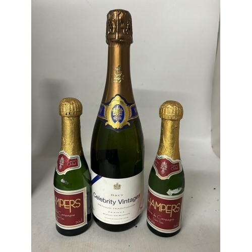 334 - A BOTTLE OF FRENCH BRUT CELEBRITY VINTAGES BLANC DE BLANCS TOGETHER WITH TWO 20 CL BOTTLES OF CHAMPE... 