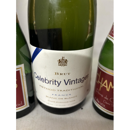 334 - A BOTTLE OF FRENCH BRUT CELEBRITY VINTAGES BLANC DE BLANCS TOGETHER WITH TWO 20 CL BOTTLES OF CHAMPE... 