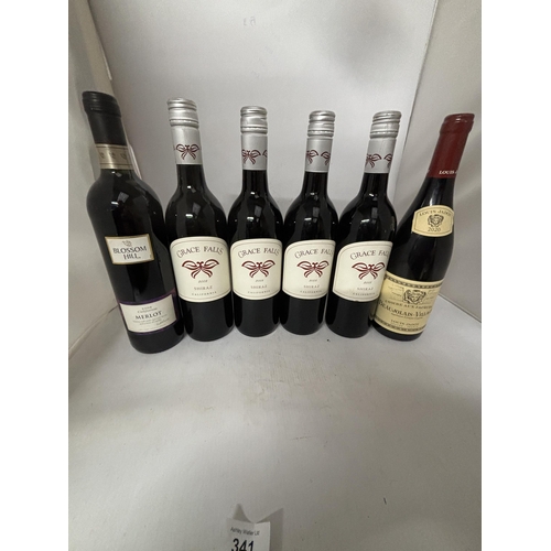 341 - SIX BOTTLES OF RED WINE TO INCLUDE GRACE FALLS 2008 SHIRAZ (CALIFORNIA) X 4, BEAUJOLAIS VILLAGES (FR... 