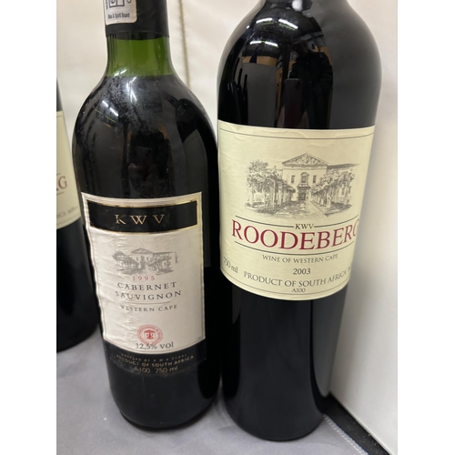 350 - SIX BOTTLES OF RED WINE TO INCLUDE THREE BOTTLES OF KWV ROODEBERG 2003 (2) ANDM 2000, KWV 1995 CABER... 