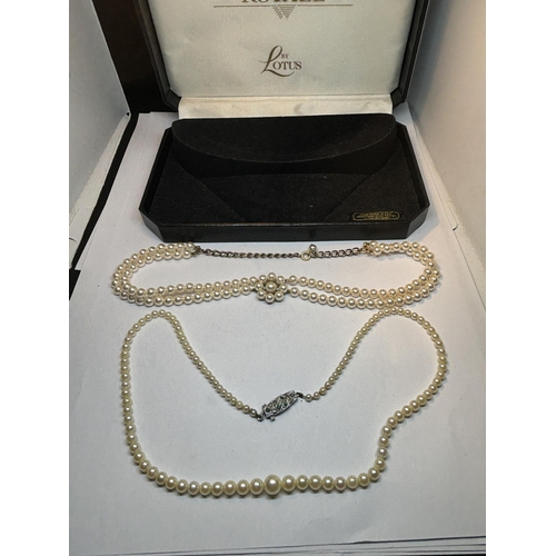 637 - TWO STRINGS OF PEARLS TO INCLUDE A DOUBLE STRAND AND A SINGLE STRAND IN A PRESENTATION BOX