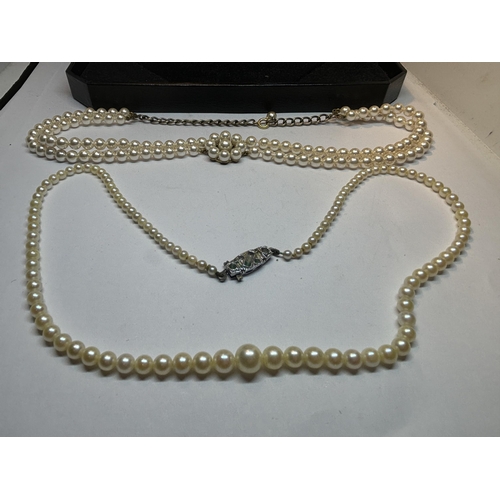 637 - TWO STRINGS OF PEARLS TO INCLUDE A DOUBLE STRAND AND A SINGLE STRAND IN A PRESENTATION BOX