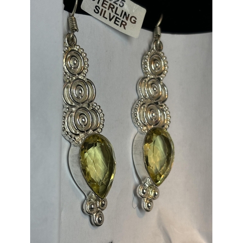 653 - A APIR OF MARKED SILVER DROP EARRINGS WITH CITRINE STONES IN A PRESENTATION BOX