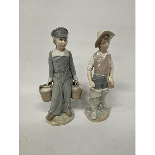 855 - TWO LLADRO FIGURES - BOY GOING FISHING (MISSING ROD) AND A BOY WITH PAILS