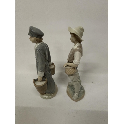 855 - TWO LLADRO FIGURES - BOY GOING FISHING (MISSING ROD) AND A BOY WITH PAILS