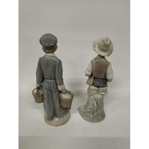 855 - TWO LLADRO FIGURES - BOY GOING FISHING (MISSING ROD) AND A BOY WITH PAILS