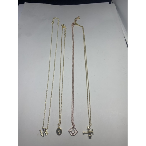 692 - FOUR MARKED SILVER NECKLACES WITH PENDANTS THREE YELLOW AND ONE ROSE GOLD PLATED