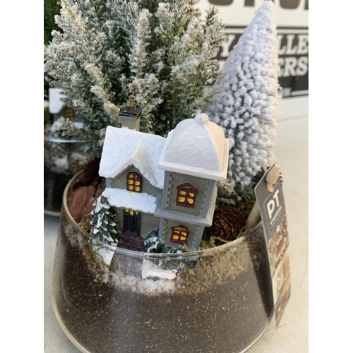 13 - FOUR CHRISTMAS SNOW SCENE GLASS BOWLS FILLED WITH CYPRESS CONIFERS AND CHRISTMAS ACCESSORIES. BOWLS ... 