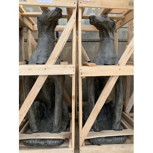 1504 - A PAIR OF HEAVY CEMENT FIBRE SITTING GREY HOUND FIGURES (H:106CM)