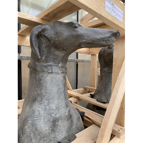 1504 - A PAIR OF HEAVY CEMENT FIBRE SITTING GREY HOUND FIGURES (H:106CM)