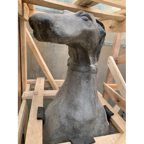 1504 - A PAIR OF HEAVY CEMENT FIBRE SITTING GREY HOUND FIGURES (H:106CM)