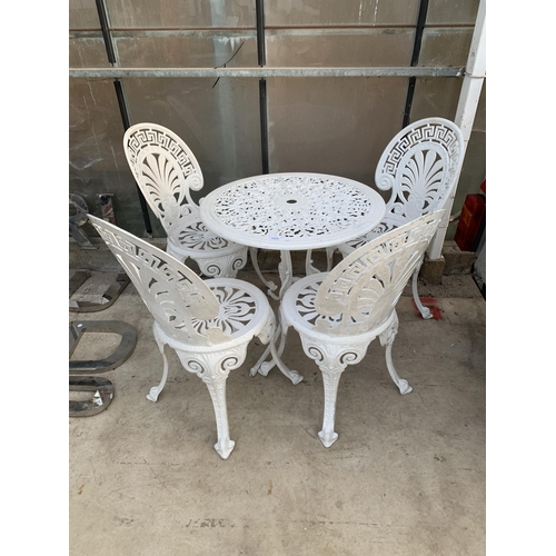 1514 - A CAST ALLOY GARDEN BISTRO SET COMPRISING OF A ROUND TABLE AND FOUR CHAIRS