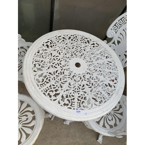 1514 - A CAST ALLOY GARDEN BISTRO SET COMPRISING OF A ROUND TABLE AND FOUR CHAIRS