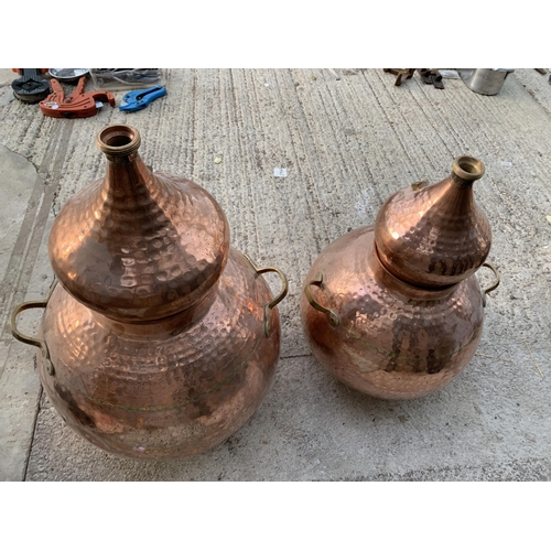 1521 - A NEAR PAIR OF GRADUATED COPPER AND BRASS BREWERY MAKING STILLS