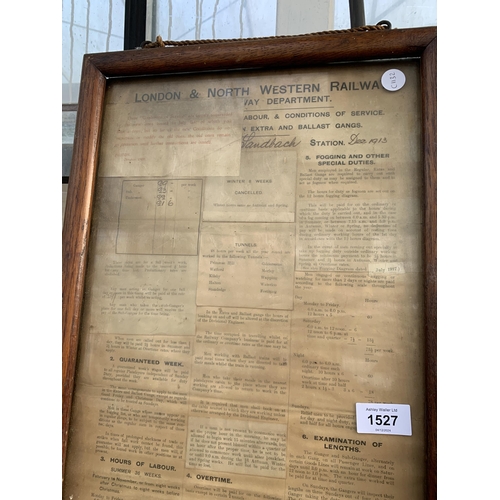 1527 - A VINTAGE FRAMED LONDION AND NORTH WESTERN RAILWAYS DETAILS OF LABOUR AND CONDITIONS OF SERVICE EPHE... 