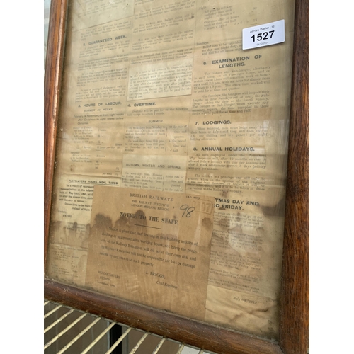 1527 - A VINTAGE FRAMED LONDION AND NORTH WESTERN RAILWAYS DETAILS OF LABOUR AND CONDITIONS OF SERVICE EPHE... 