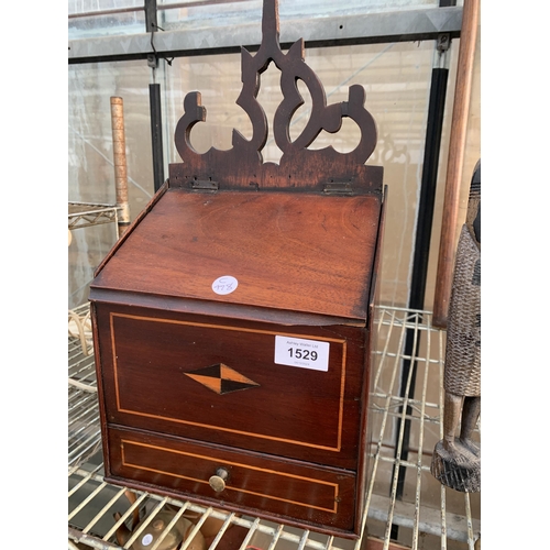 1529 - A VINTAGE INLAID MAHOGANY WALL MOUNTED CANDLE BOX WITH LOWER DRAWER