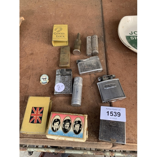 1539 - AN ASSORTMENT OF VINTAGE LIGHTERS, MATCH BOX HOLDERS AND A BADGE ETC