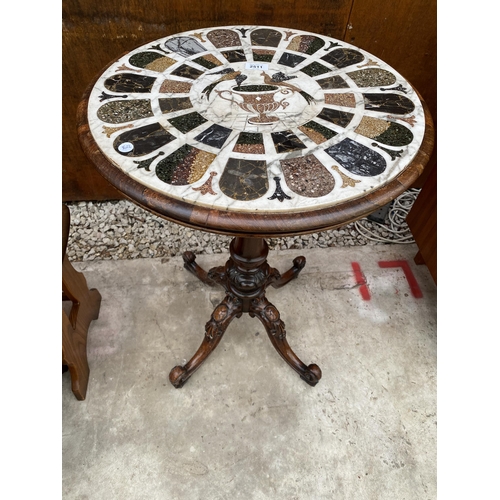 2511 - A WILLIAM IV ROSEWOOD AND SPECIMEN PIETRA DURA MARBLE TOP TABLE ON PEDESTAL BASE, 21" DIAMETER