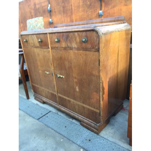 2601 - AN ART DECO WALNUT SIDEBOARD WITH RAISED BACK, TWO DRAWERS AND TWO CUPBOARDS, 46