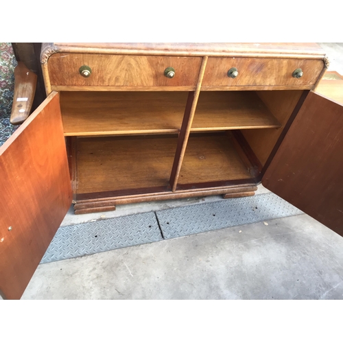 2601 - AN ART DECO WALNUT SIDEBOARD WITH RAISED BACK, TWO DRAWERS AND TWO CUPBOARDS, 46