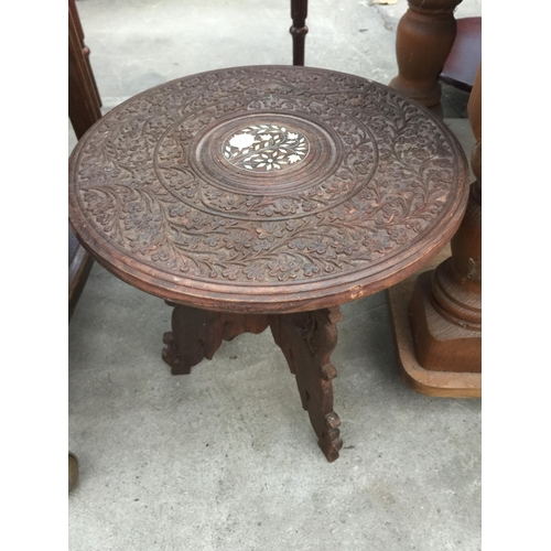 2677 - A PINE LAMP TABLE AND CARVED HARDWOOD INDIAN TABLE 12