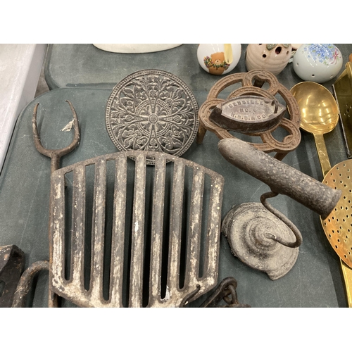 100 - VARIOUS VINTAGE ITEMS TO INCLUDE AN INGOT WIRE MOLD, TRIVETS, HOOKS, MEAT JACKS, CRIMPING IRON ETC