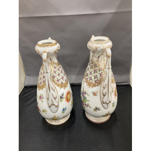 16 - A PAIR OF DRESDEN TWIN HANDLED VASES MARKED TO BASE HEIGHT 21CM