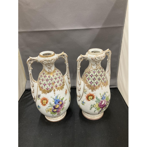 16 - A PAIR OF DRESDEN TWIN HANDLED VASES MARKED TO BASE HEIGHT 21CM