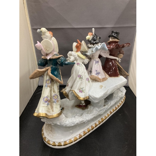 20 - A CONTINENTAL PORCELAIN FIGURE OF THREE LADIES AND A GENT IN A WINTER SCENE